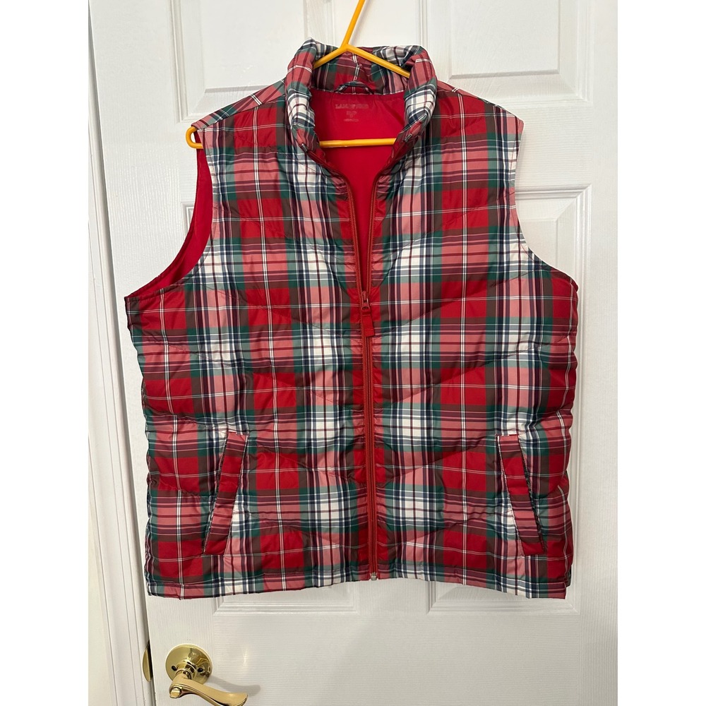 Lands End Red Plaid Down Puffer Vest XL 18 Puffy Quilted Holiday Tartan Vest